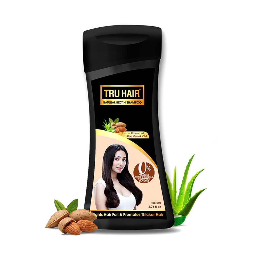 TRU HAIRBiotin Shampoo with Almond oil, Vitamin E & Aloevera Gel for Healthy, Thick, Soft & Lustrous Hair | Contains 0% Parabens, Silicones & LLPs | TRUE HAIR Shampoo-200 ML
