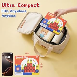 Magnetic Tiles Travel Toys with Storage Case, Portable STEM Building Blocks for 3-8 Year Olds, Toddler Airplane Activities & On-The-Go Birthday Gift for Boys & Girls