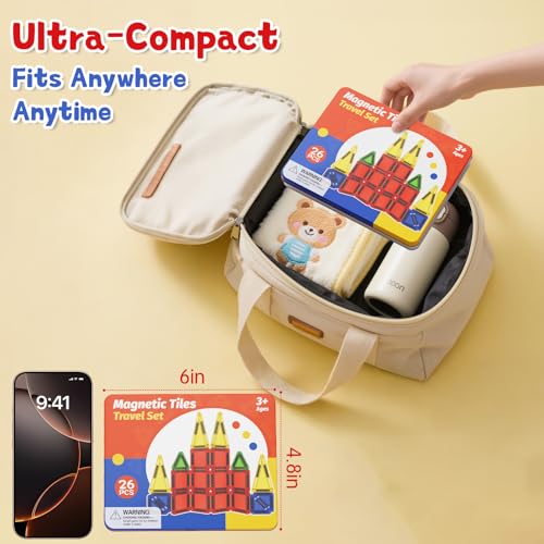 Image of Magnetic Tiles Travel Toys with Storage Case, Portable STEM Building Blocks for 3-8 Year Olds, Toddler Airplane Activities & On-The-Go Birthday Gift for Boys & Girls