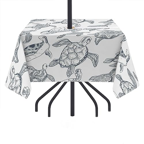 QsirBC Turtles Cool Outdoor Tablecloth with Umbrella Hole and Zipper Wrinkle-Free Stain Resistant Washable Square Tablecloth for Patio Garden Picnic Camping 60 X 60 Inch