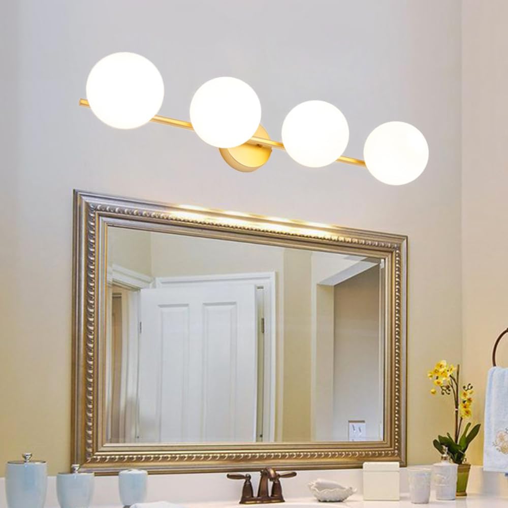 XINYASEE Moderne Badezimmer-Wandleuchte Glaskugeln, Goldfarben, G9 Fassung, Badlampe über Spiegel, Wandlampe für Badezimmer, Schlafzimmer, Flur(ohne Schalter) (4 Köpfe)