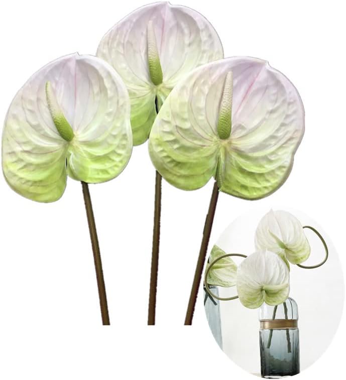 3 PCS 27" Artificial Anthurium Lily Flowers for Home Decor Bouquet and Green Leaf and Bridal Wedding Festival Decoration Small Flower Flower Arrangement,UV Resistant No Fade (White)