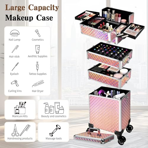 Image of 5 in 1 Rolling Makeup Train Case on Wheels Large Cosmetic Organizer Travel Cart for Women Beauty Salon Barber Hairstylist Pink