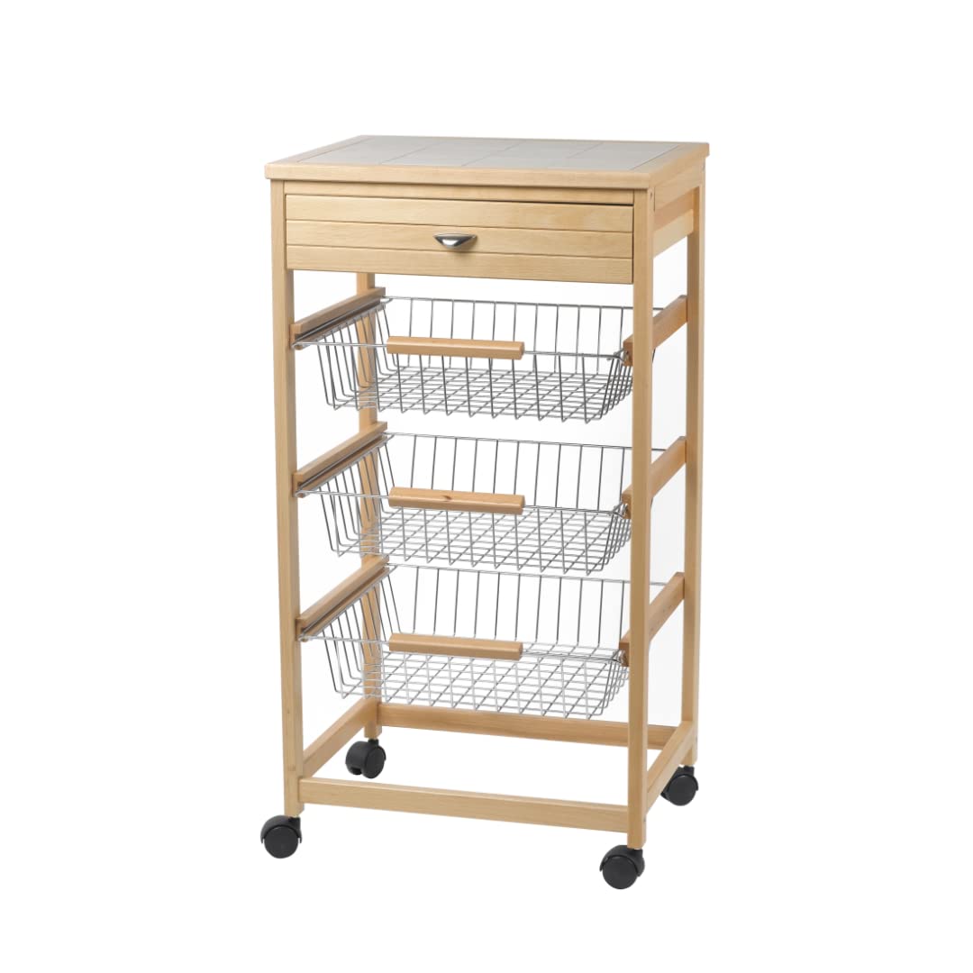 Mottiwood Carrello da Cucina in Legno, Ruote Girevoli, Legno di Faggio, 3 Cassetti Salvaspazio, Dimensiono: L 45.5 x H 87.5 x P 36.5 cm