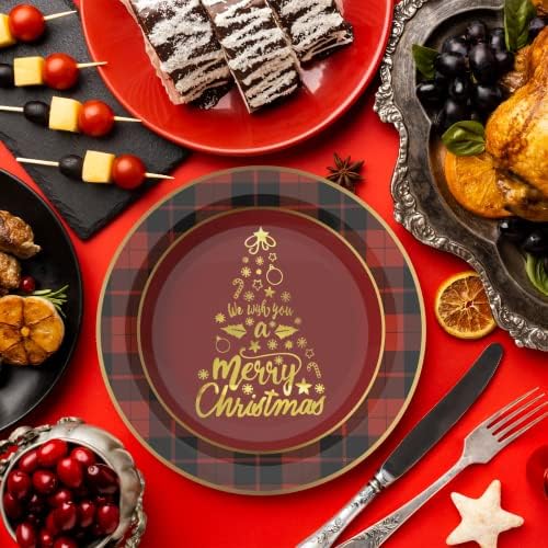 Christmas Paper Plates 12 pcs 9" Red and Black Buffalo Plaid Disposable Paper Plates for Christmas Party Supplies Christmas Dinner Xmas Table Decorations Gold Design Disposable Plates