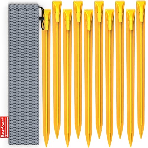 Beefoor 10-Pack Plastic Tent Stakes – 12-Inch Heavy Duty Canopy Anchoring Pegs for Camping, Gardening, Landscaping, Backpacking – Lightweight, Rust-Proof, Reusable Camping Stake