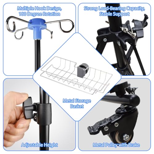 Kensbro Tragbarer Infusionsständer, Verstellbarer Infusionsständer mit Rollen, Infusionsständer Klein Klappbar mit 4 Haken 3 Netztaschen Ablagekorb und Alarm