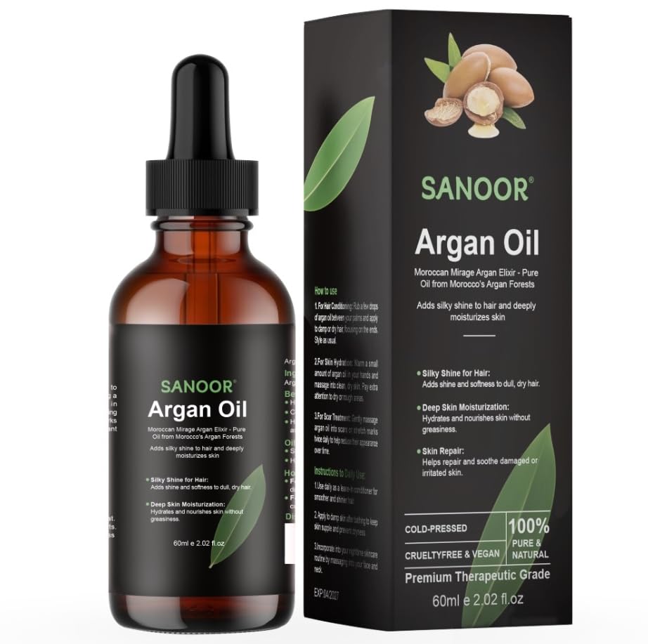 SANOOR® Moroccan Mirage Pure Argan Elixir – 100% Pure Cold‑Pressed Moroccan Argan Oil for Hair Growth, Skin Hydration & Scar Treatment – Lightweight Hair Conditioner, Vitamin E Antioxidant 60 ml