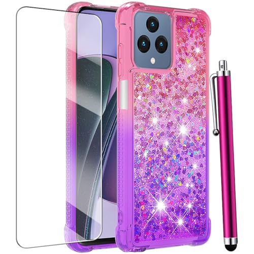 CAIYUNL for REVVL 6X 5G Case,REVVL 6 5G Phone Case with Screen Protector,Girls Women Cute Glitter Bling Liquid Floating Slim TPU Soft Shockproof Protective Cover for T-Mobile Revvl 6/6X 5G-Pink Purple