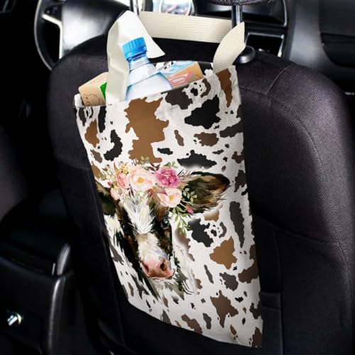 Image of IRADA Car Trash Bag Hanging No Snap Small Garbage Bag for Car Back Seat Cute Printed One-Handed Strap Trash Bags Car Accessories-Cow Car Trash Bags