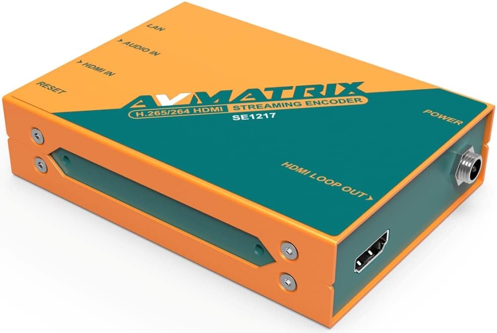 AVMATRIX SE1217 SDI Streaming Encoder, showing HDMI IN, Audio IN, LAN, and Reset ports