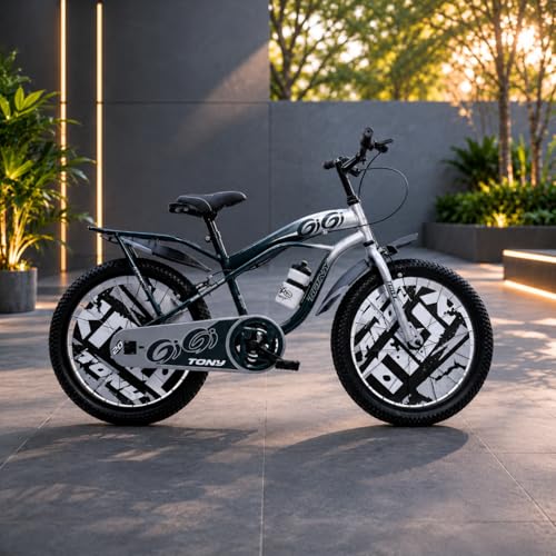 Image of TONY RAW Bicycles Gigi Sports BMX Single Speed Steel Frame 20T Bicycle Cycle for Kids 7 to 10 Years Boys & Girls Double Back Seat with Side Stand and Water Sipper Grey Green