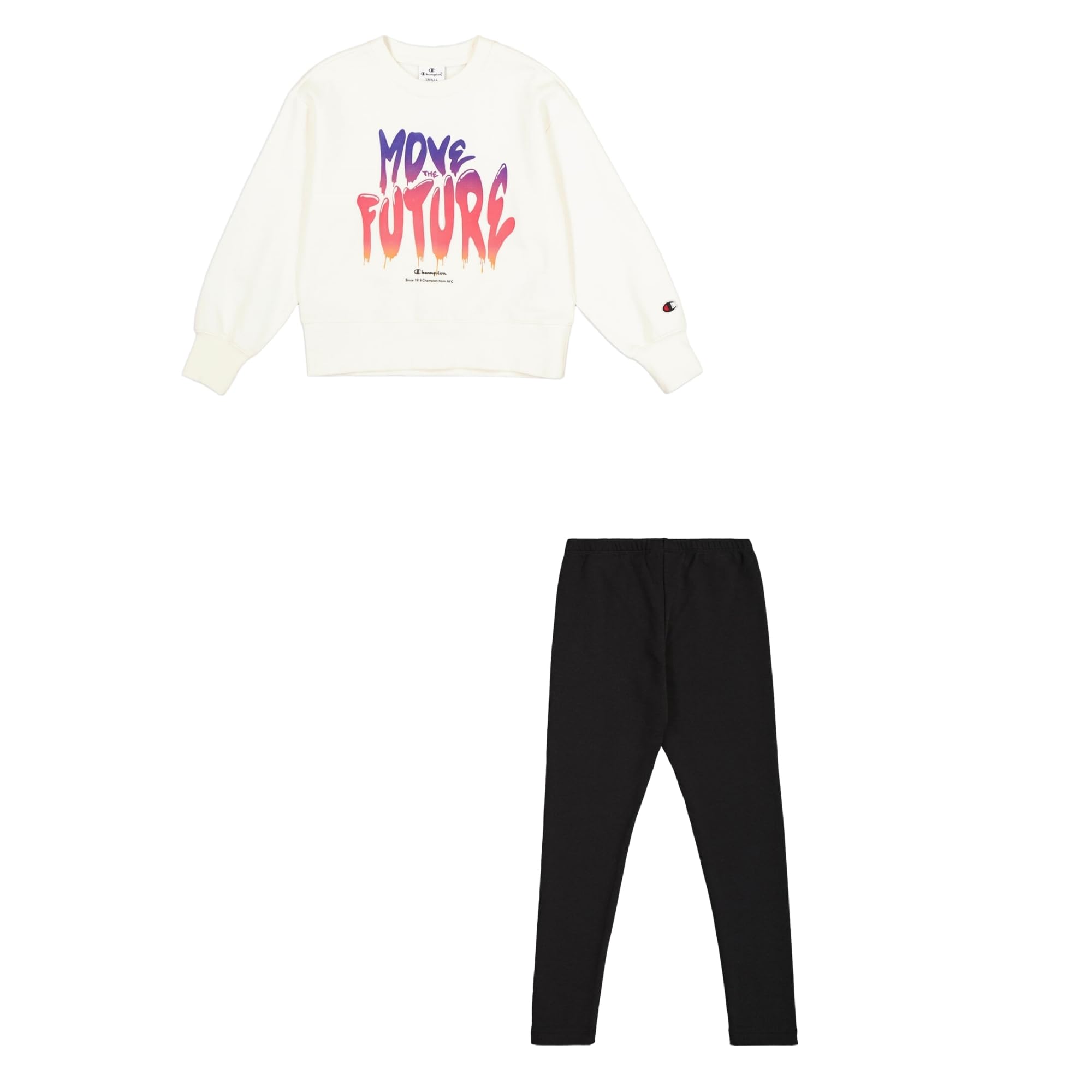 Champion Girl's Legacy Script Shop G (405043) - Ultra-light Soft Compact Powerblend Fleece Crewneck & Leggings Suit, Marshmallow/Nero (STR/NBK),