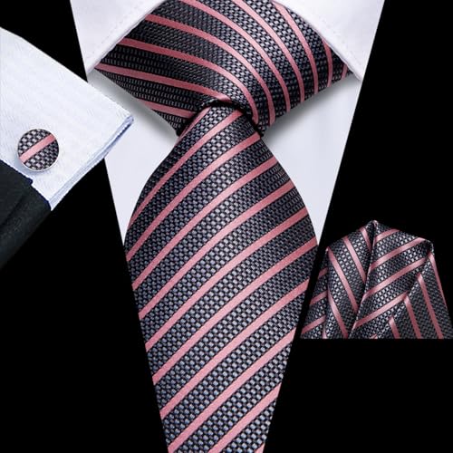 Image of Hi-Tie Men Silk Ties Set with Flower Lapel Pin Necktie Pocket Square Cufflinks for Tuxedo Wedding Business