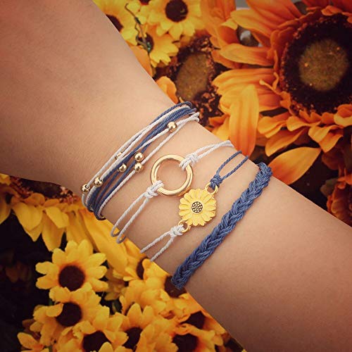 Image of Stackable Sunflower String Bracelets Cute Boho Braided Summer Beach Jewelry
