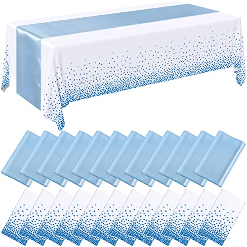 Image of Breling 24 Packs Baby Blue and White Disposable Plastic Tablecloths and Satin Table Runner Set, 54 x 108 Inch Tablecloth, 12 x 108 Inch Table Runners for Wedding Graduation Birthday Baby Shower