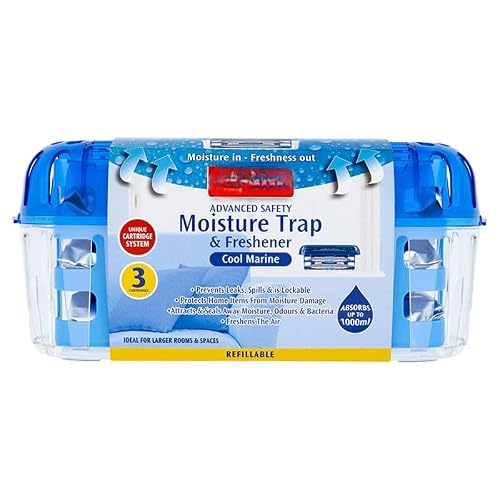 Moisture Trap & Freshener, Refillable Moisture Absorber with 3 Cartridges, Cool Marine, for Home, Wardrobe & Bathroom