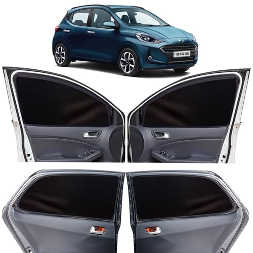 Image of OTO2EYE Car Sun Shade Compatible for Hyundai Grand i10 Nios Model-2023, Z-Black Super Magnetic Grip, Front Window Zipper, Side Window Curtains, 4 Pieces Set