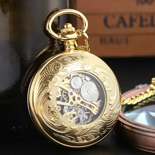 Image of Black and Silver Roman Numeral Dial Mens Mechanical Moon Phase Design, Moon Sun Pattern Skeleton Mechanical Pocket Watches for Men with Case and Chain - Black