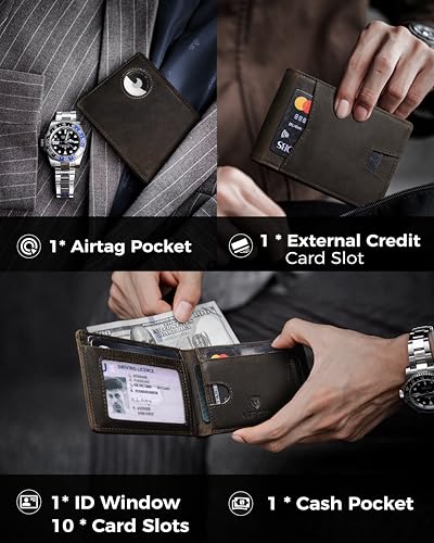 Image of Mens Wallet with AirTag Holder, Bifold Full Grain Leather AirTag Wallet with ID Window RFID Blocking Gifts for Men, Dad, Husband, up to 12 Cards