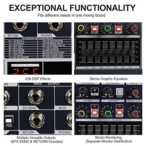 Professional DJ Audio Mixer, Phenyx Pro Sound Mixer, 8 Channel Sound Board Mixer Audio w/ 2 RCA