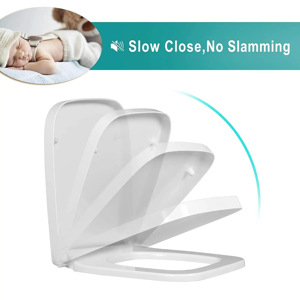 Asiento de inodoro cuadrado de cierre suave, color blanco, tapa de inodoro de baño 04E con fijación superior ajustable, bisagras de acero inoxidable, fácil montaje y limpieza (04C)