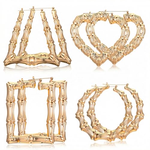 Heclia Bamboo Hoop Earring for Women,Large Gold Bamboo Earring Set,4 Pair by Heclia - Used condition - US$7.55