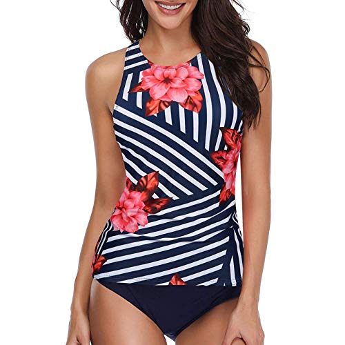 OutTop Women Tankini Top Swimsuits High Neck Halter Tummy Control Two Piece Floral Printed Bathing Suits Bikini Set (Navy-2, XL)