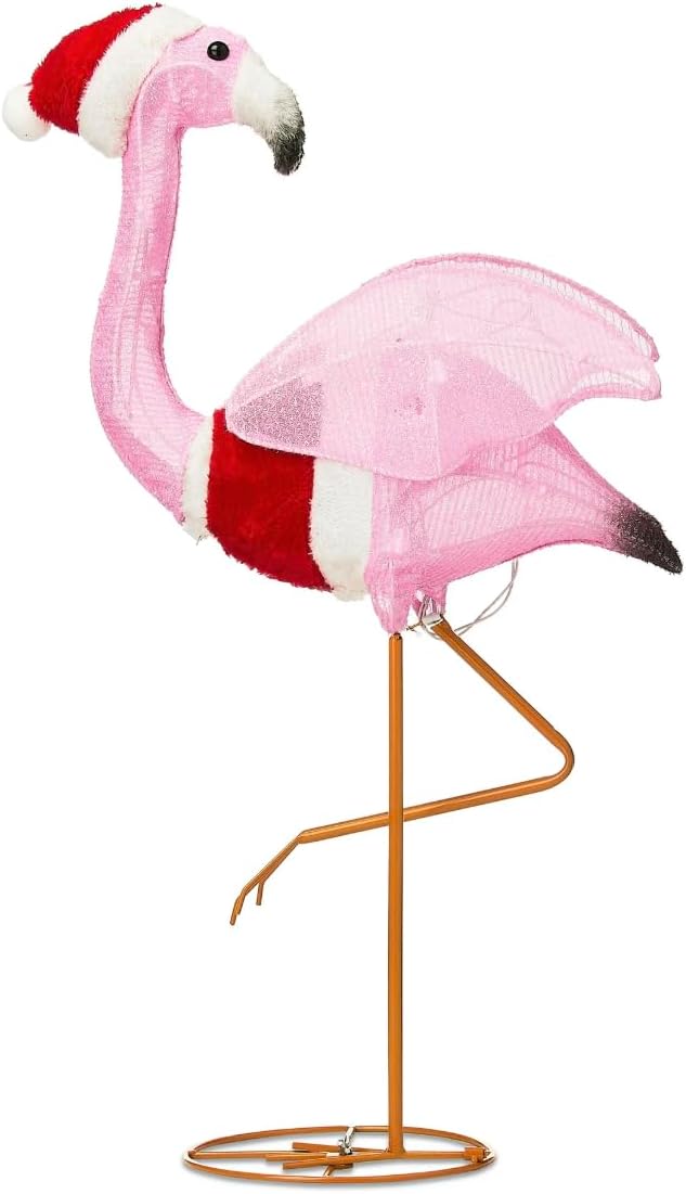 Holiday Home 32 Inch Lighted Tropical Pink Flamingo with Santa Hat Sculpture Decoration Pre Lit Display Outdoor Christmas Yard Decoration Garden Yard Art Holiday Winter Display
