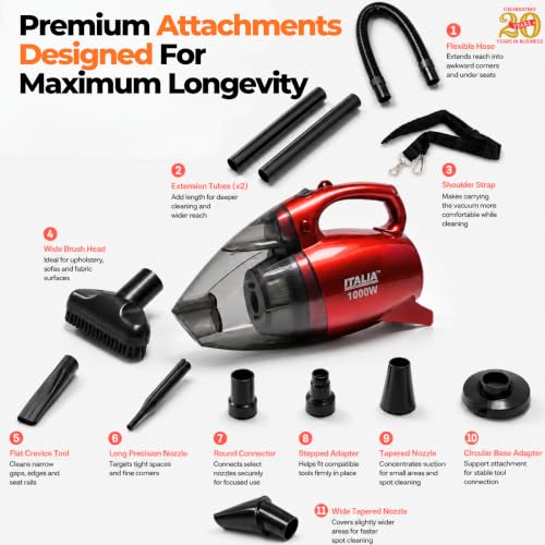 Image of ITALIA 1000W Powerful Handy Vacuum Cleaner with Blower | Corded Bagless Design for Home & Car | Lightweight, with Shoulder Strap & 8 Accessories