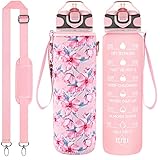Enerbone 32 oz Water Bottle with Strap Sleeve, Durable Water Bottle with Times to Drink and Straw, Leakproof BPA & Toxic Free, Insulated Water Bottle for Men Women Gym Sports Outdoors