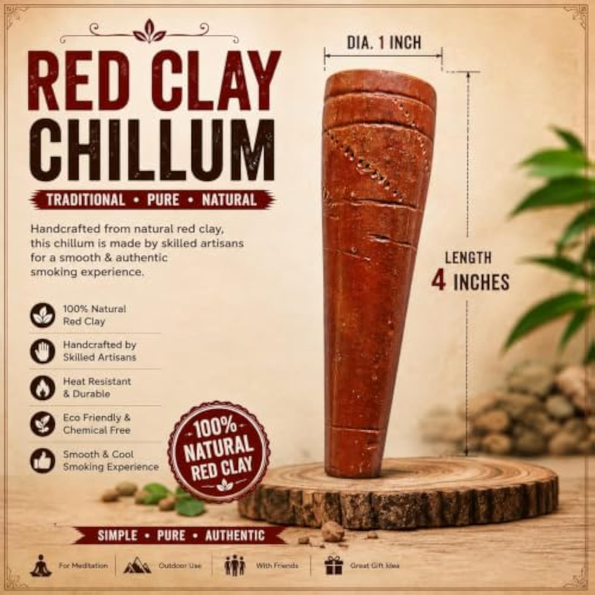 Handcrafted Natural Red Clay Chillum, Smoking Gift