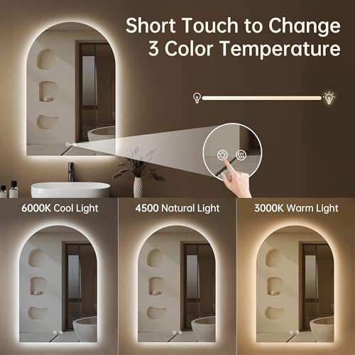 Image of Arched Backlit Mirror Bathroom 20 inchx30 inch- Frameless LED Bathroom Mirror with Lights, Fogless, Dimmable, 3 Color Changing, Shatterproof, Touch Sensor