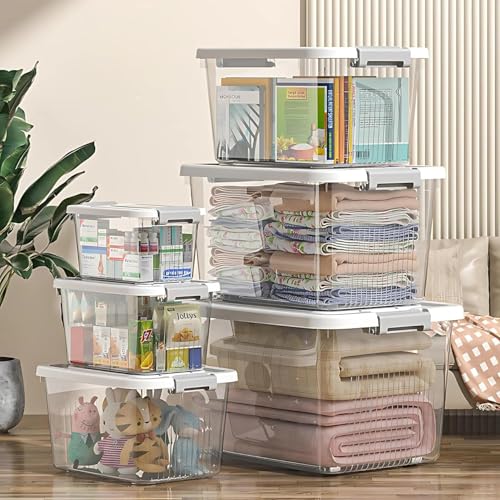 Image of Ash & Roh Heavy Duty Plastic Storage Bins with Locking Lids - Clear, Stackable Containers for Bedroom or Closet Organization (pack of 3, Large 29cm X 40cm X 21cm)