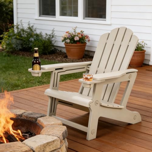 PURPLE LEAF Adirondack Chair HDPE All-Weather Outdoor Fire Pit Chair with 24.6" Oversized Seat Wood-Textured Patio Adirondack Chair with Dual Cup Holders for Garden Deck Backyard, Champagne