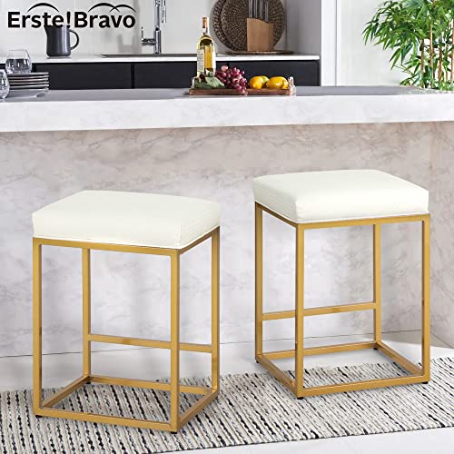 Erste!Bravo White Counter Height Bar Stools Set Of 3 For Kitchen Counter 24 Inch Gold Backless Modern Barstools Industrial Upholstered Faux Leather Stools Farmhouse Island Chairs, White Gold #TOP6