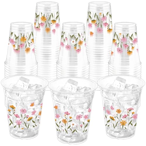 ZCPTZ 100Pcs Flower Plastic Party Cups 12oz Flower Disposable Clear Cups for Spring Parties Picnics Holiday Gatherings Floral Theme Birthday Party Drinking Supplies