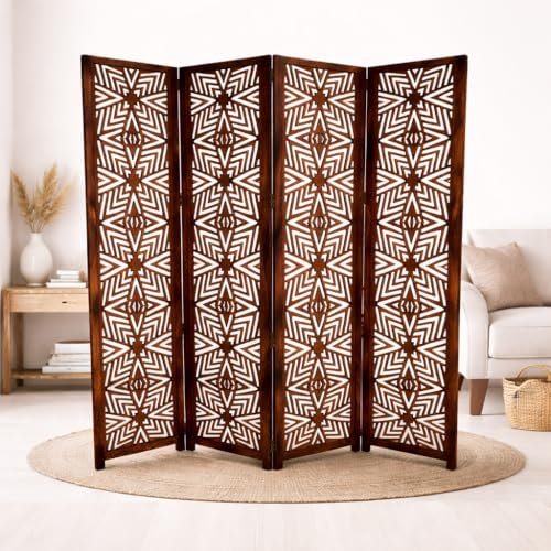 Image of Wooden Room Divider 6 Feet, 4-Panel Folding Wooden Partition for Living Room, Office, Pooja Room, Restaurant, Kitchen & Balcony (2W x 1.82H Meters). (Natural Brown-Lattice Pattern)
