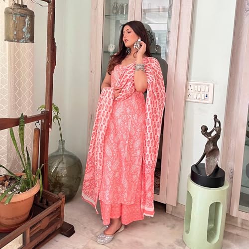 Image of Women's Cotton Anarkali Kurta Set with Dupatta | Sleeveless Printed Kurti & Palazzo Suit | Ethnic Wear for Girls & Women