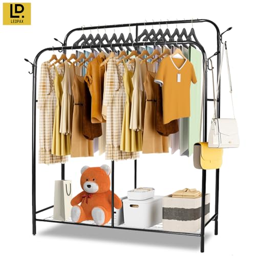 Image of LEOPAX Premium Metal Garment Rack, Coat Rack, Clothes Stand, Closet Organizers and Storage with Single Layer Shelf for Storing Clothes, Shoes, Bags - Black - 135 x 28 x 154cm