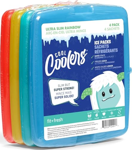 Cool Coolers By Fit & Fresh 4 Pack Slim Ice Packs  Quick Freeze Space Saving Reusable Ice Packs for Lunch Boxes or Coolers  Multi Colored  Single Pack