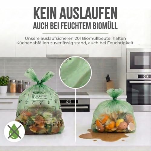 BIOvative PRODUCTS 20L Biomüllbeutel mit Henkel | 56 Müllbeutel, kompostierbar, Made in Germany | Reißfeste Bio-Abfallbeutel, klimaneutralisiert & vegan