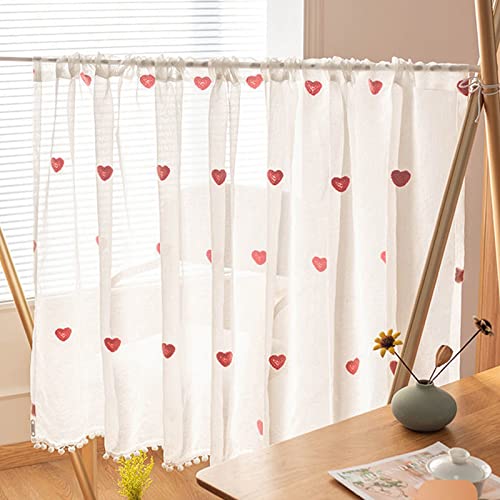 KVOLTT Rideaux Voilage Blanc avec Motif Coeur Rideaux Voilage Court Blanc Polyester avec Pompon pour Salon Cuisine Maison (80cmx80cm(Largeur x Hauteur))