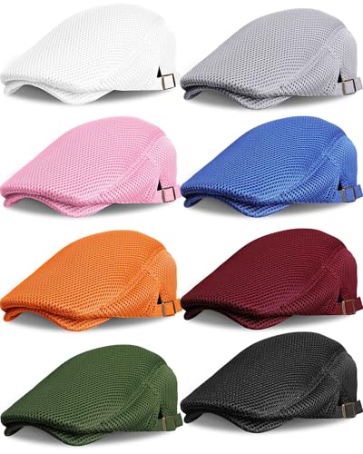 Image of Chuarry 8 Pack Newsboy Cap for Men Mesh Flat Cap Gatsby Golf Cabbie Hunting Driving Summer Hat for Men