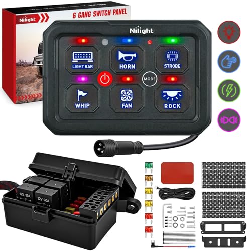 Image of Nilight 6 Gang Switch Panel Green 12V 60A Circuit Control System 4-Mode | Fuse Wiring Harness Automatic Dimmable LED Pod Toggle /Momentary /Strobe /Flash Modes for Car Pickup Truck Camper SUV