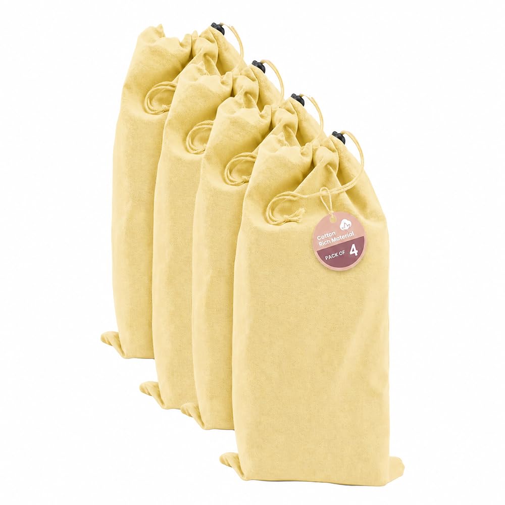 LFH Cotton Shoe Storage Bags with Drawstring, Dustproof Breathable Reusable Organizer for Travel, Dorm, Hotel, College, Gym, Easy Carry, Machine Washable 12"x17" (Pack of 4) - Sandal Yellow