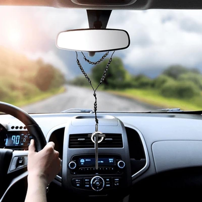M Men Style Religious Lord Jesus Christ Long Ring Cross Black and Black Catholic Rosary Beads Car Rearview Mirror Charm Car Dangler Ornament, Accessories, Gift SCrMa2024275