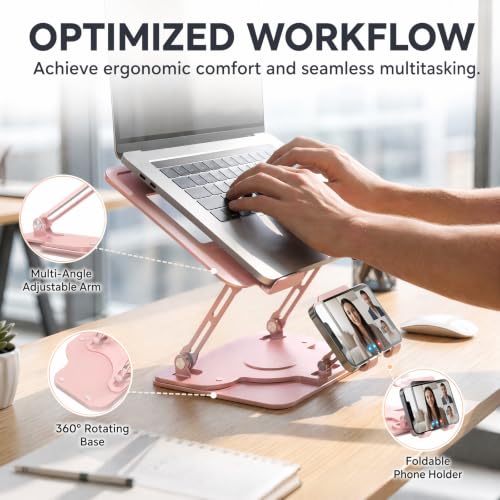 Image of Laptop Stand for Desk,Adjustable Computer Stand with 360 Rotating Base,2-in-1 Laptop Stands with Phone Holder,Ergonomic Laptop Riser for Collaborative Work,fits for All 10-16 inch Laptops (Pink)