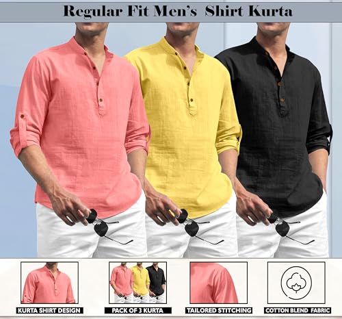Image of Zombom Combo of Men's Solid Cotton Polyester Blend Full Sleeve Mandarin /Chinese Collor Straight Kurta Shirt (Pack of 3)