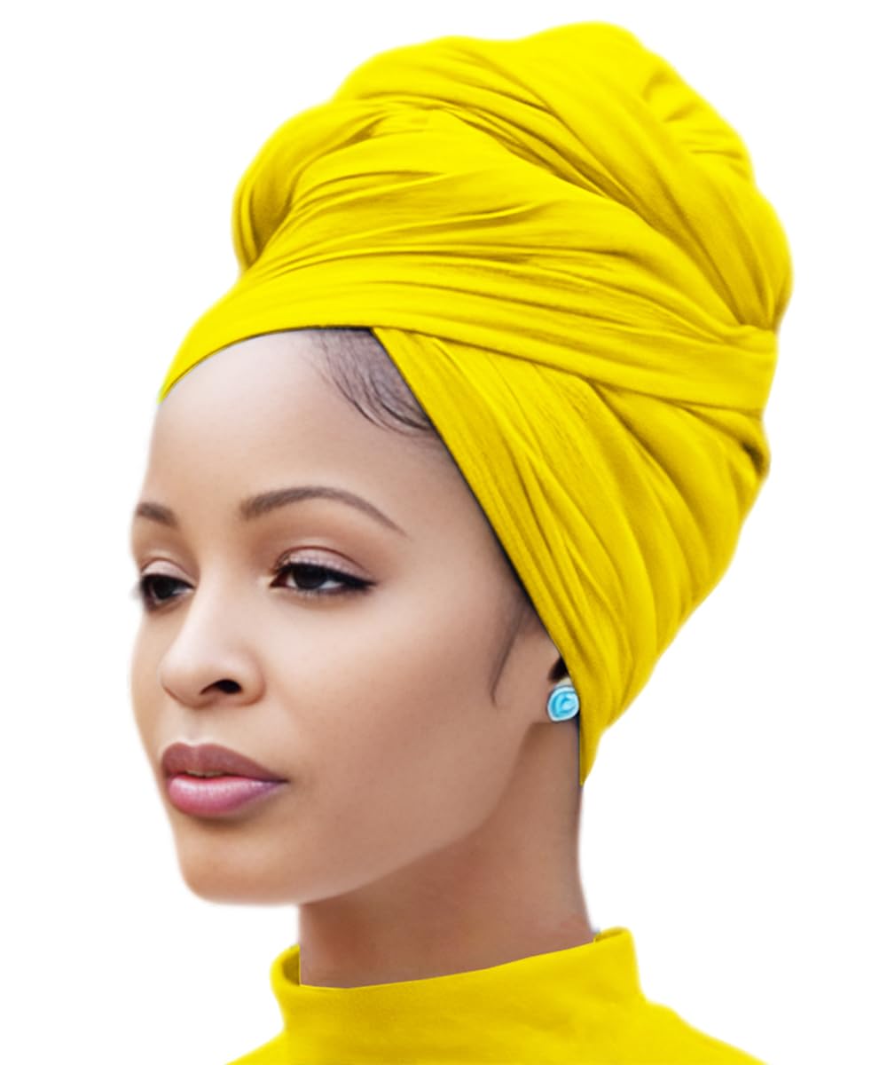 Nonbongoy Head Wraps for Black Women Stretch Headwraps Large Hair Wraps Hijab Scarves for Muslim Head Scarf Turban Headbands, 1-yellow Headwrap, 71''x 32''